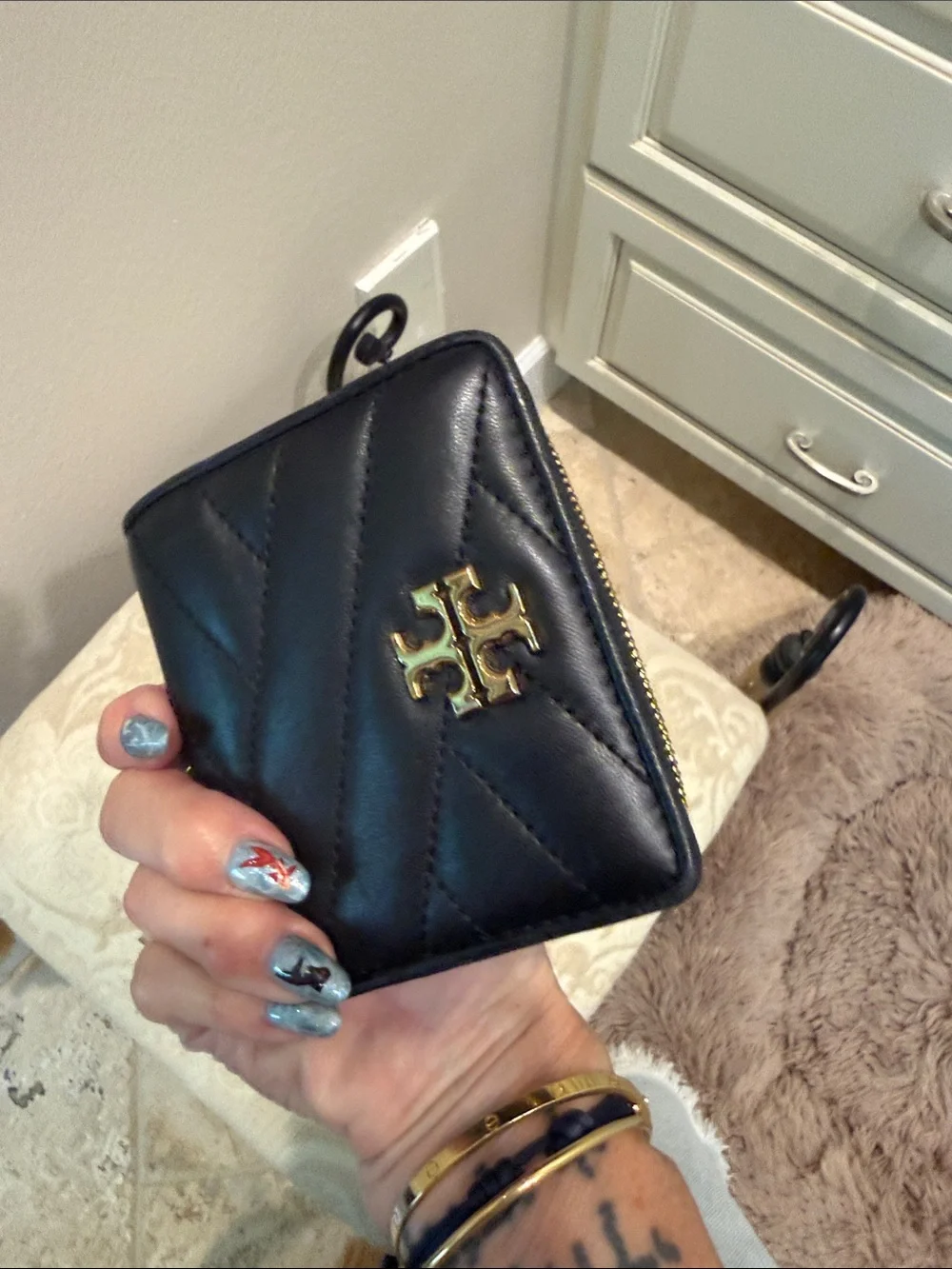 Tory Burch Kira Black Chevron Quilted Leather Bi-fold Wallet Gold Logo